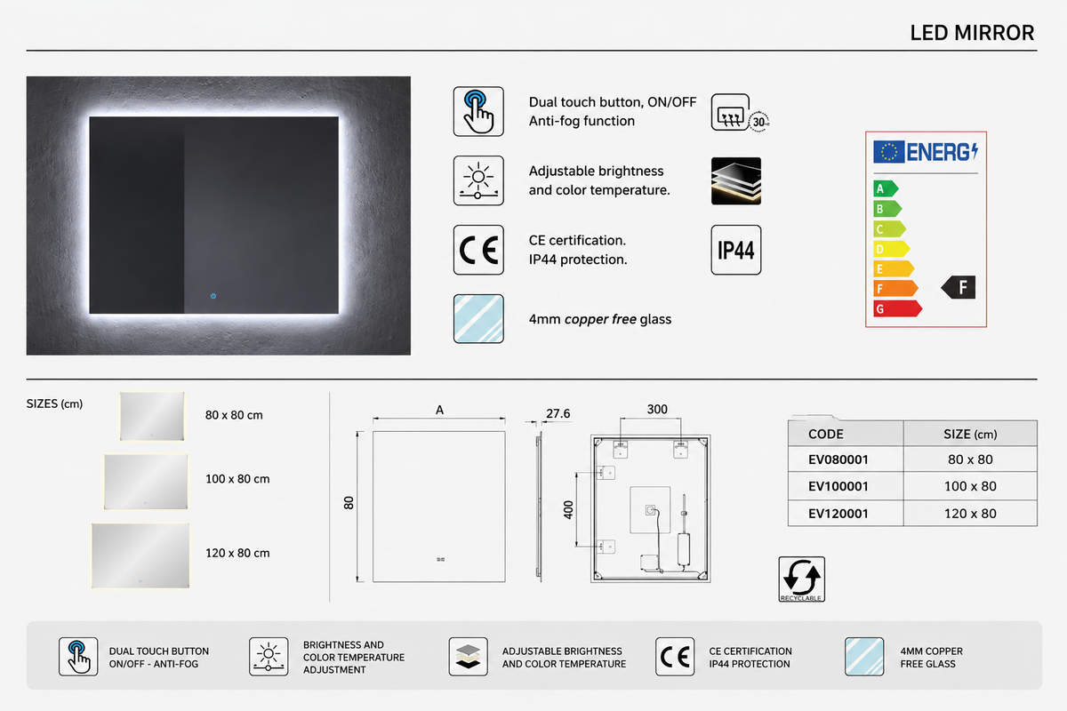 Kit mueble de baño VOLUM con lavabo + espejo LED + columna 140 cm + grifo monomando – Estepa – 80/100/120 cm