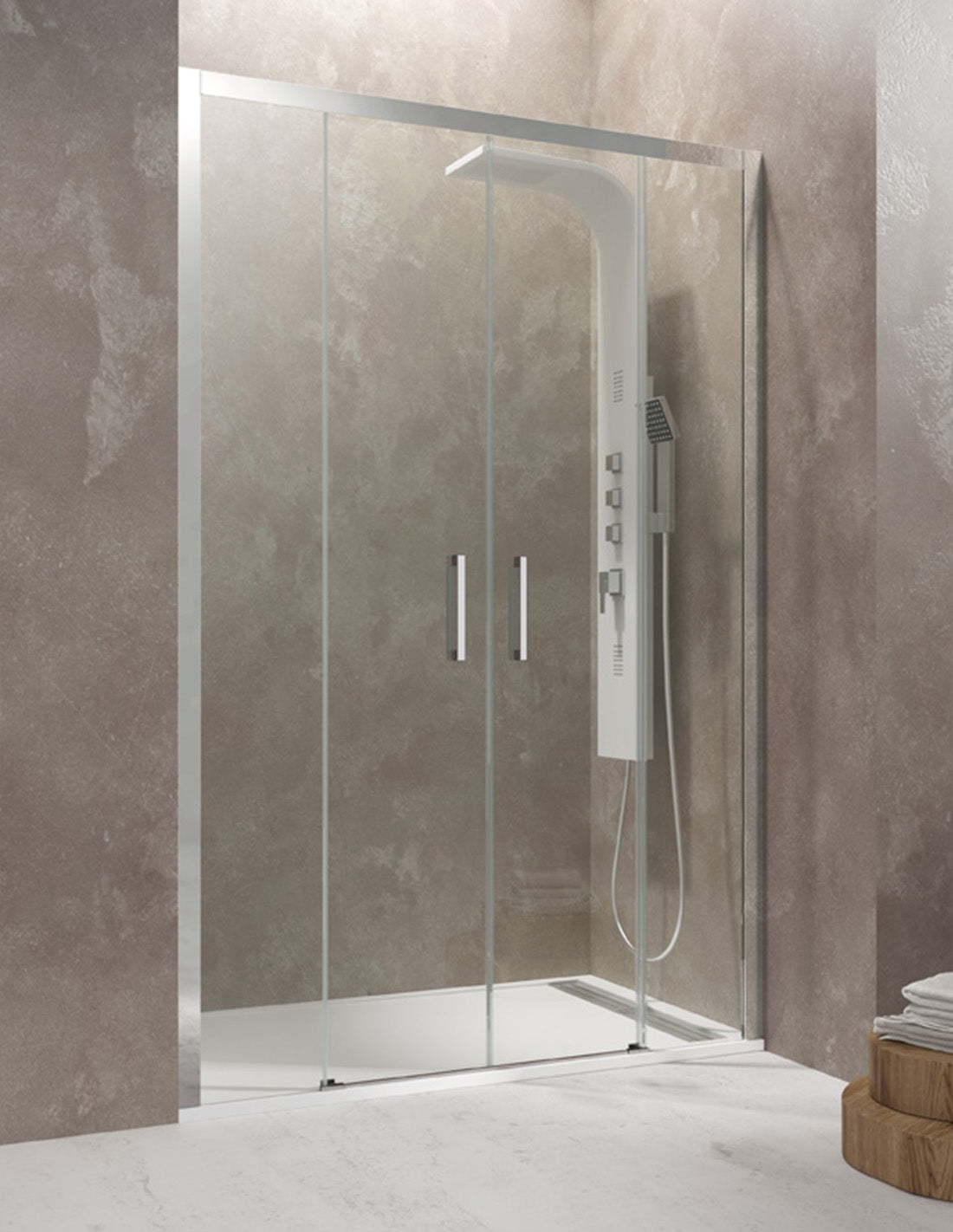 Box doccia frontale CEOS 2+2 senza profilo inferiore, disponibile trasparente e serigrafato