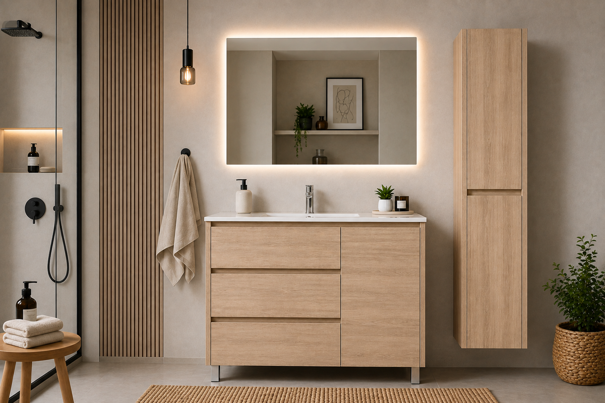 Kit mueble de baño VOLUM con lavabo + espejo LED + columna 140 cm + grifo monomando – Estepa – 80/100/120 cm
